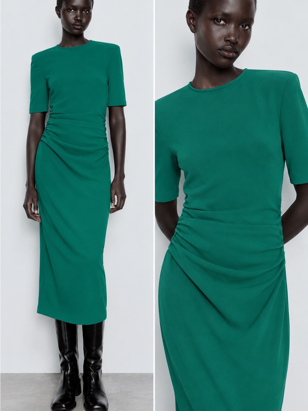 Zara Emerald Green Draped Midi Dress Shoulder Pads Size S